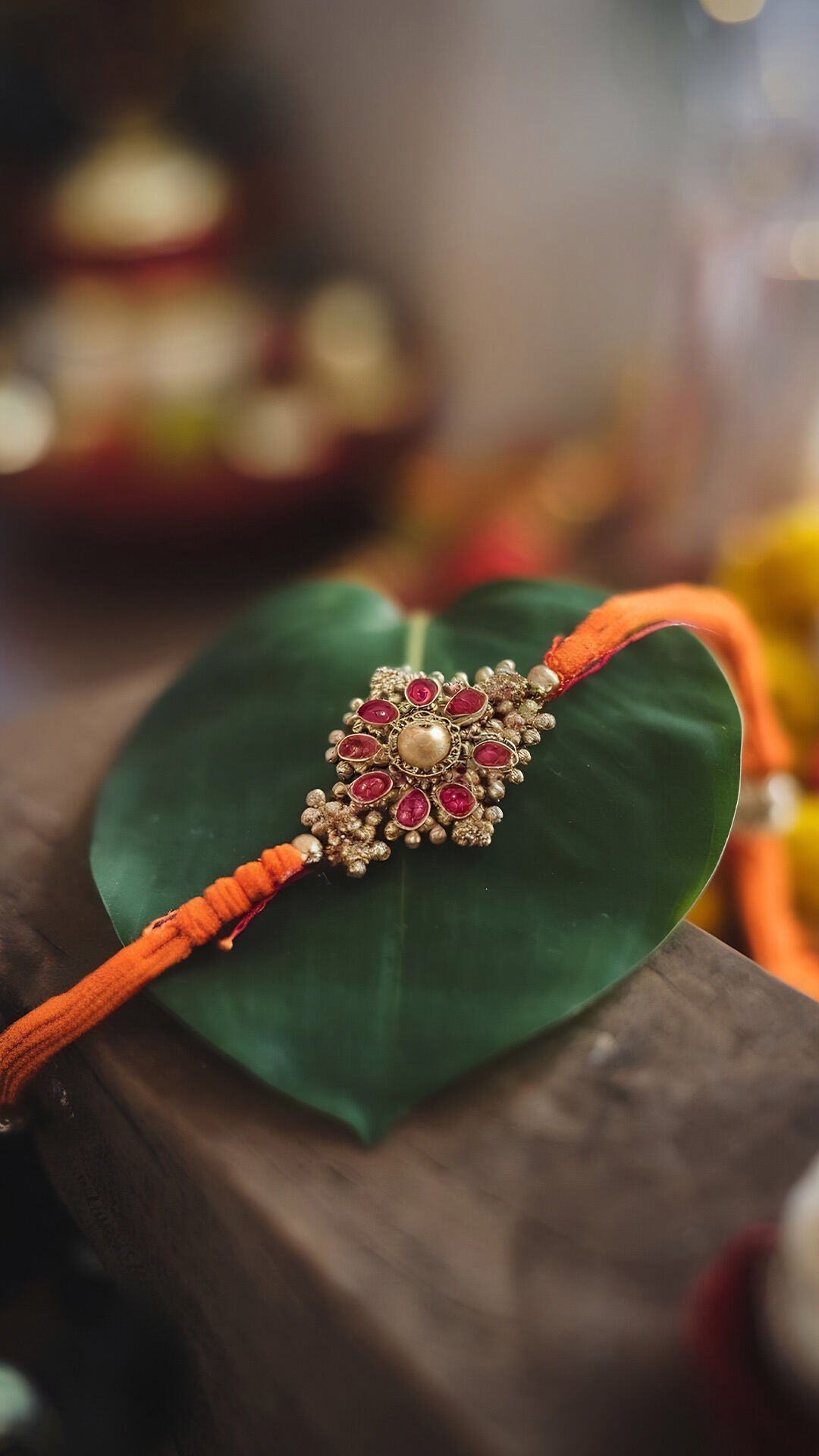 Traditional decorative rakhi with pearls and red stones placed on a green leaf for Raksha Bandhan celebration.